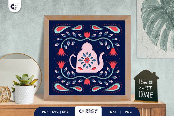 Floral Teapot Folk 3D Shadow Box SVG