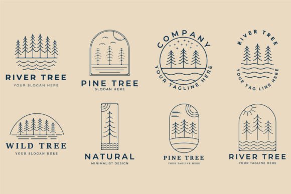 Set Tree Line Art Logo Minimalist Icon